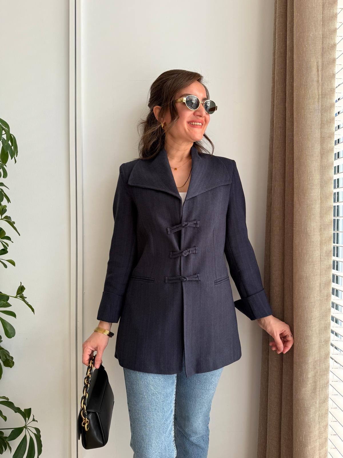 Lacivert Mendil Yaka Biyeli Blazer Ceket 7517
