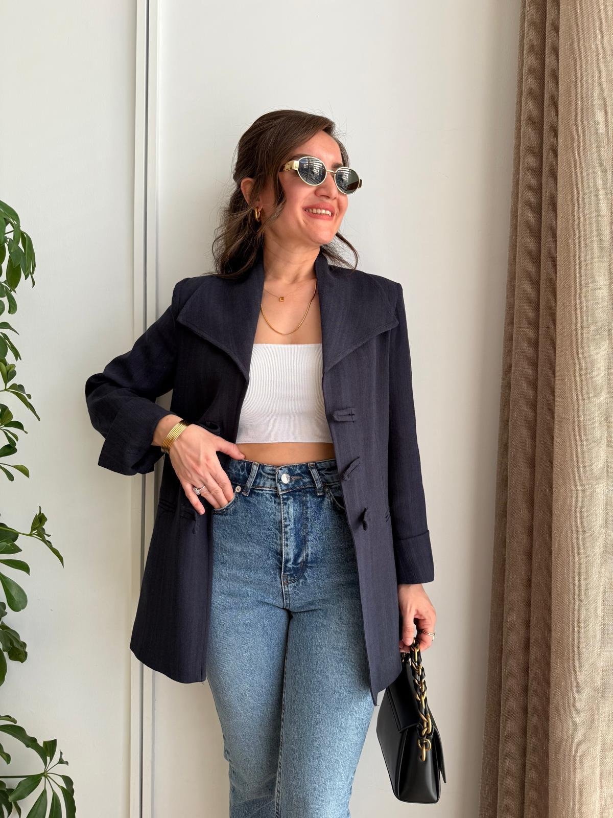 Lacivert Mendil Yaka Biyeli Blazer Ceket 7517