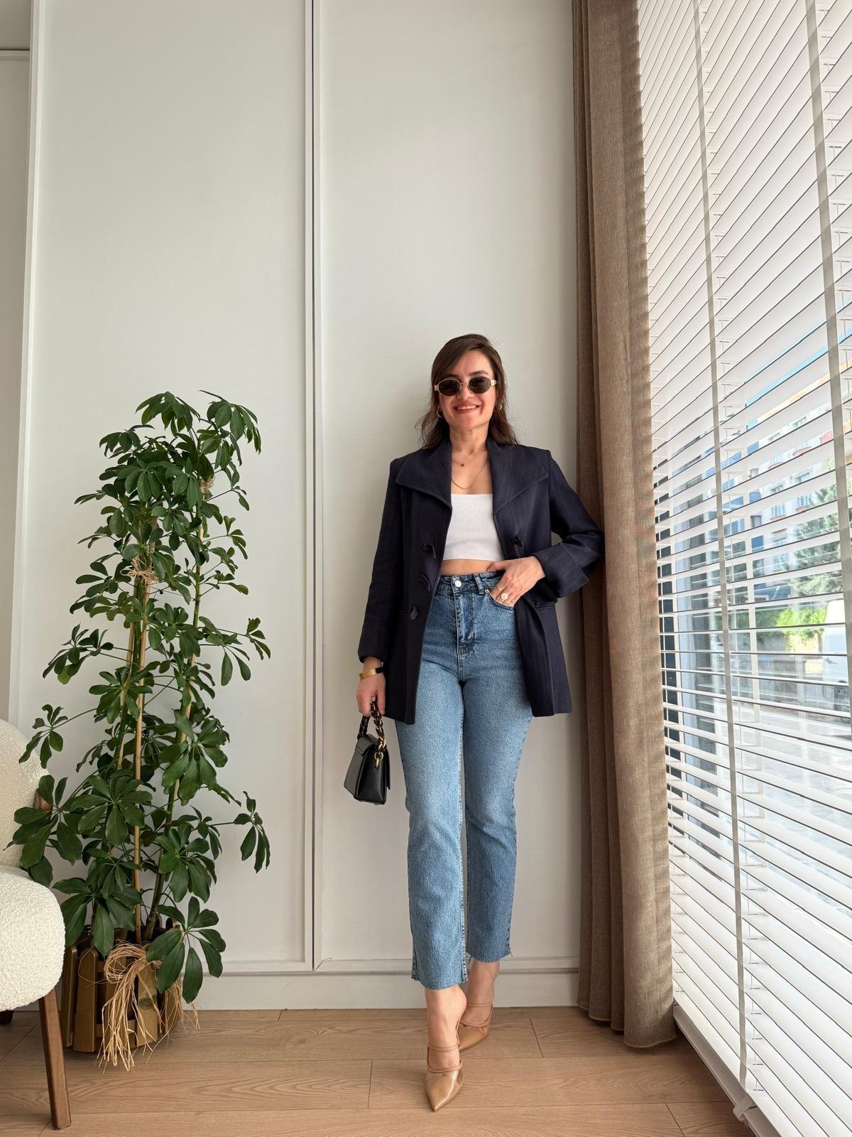 Lacivert Mendil Yaka Biyeli Blazer Ceket 7517