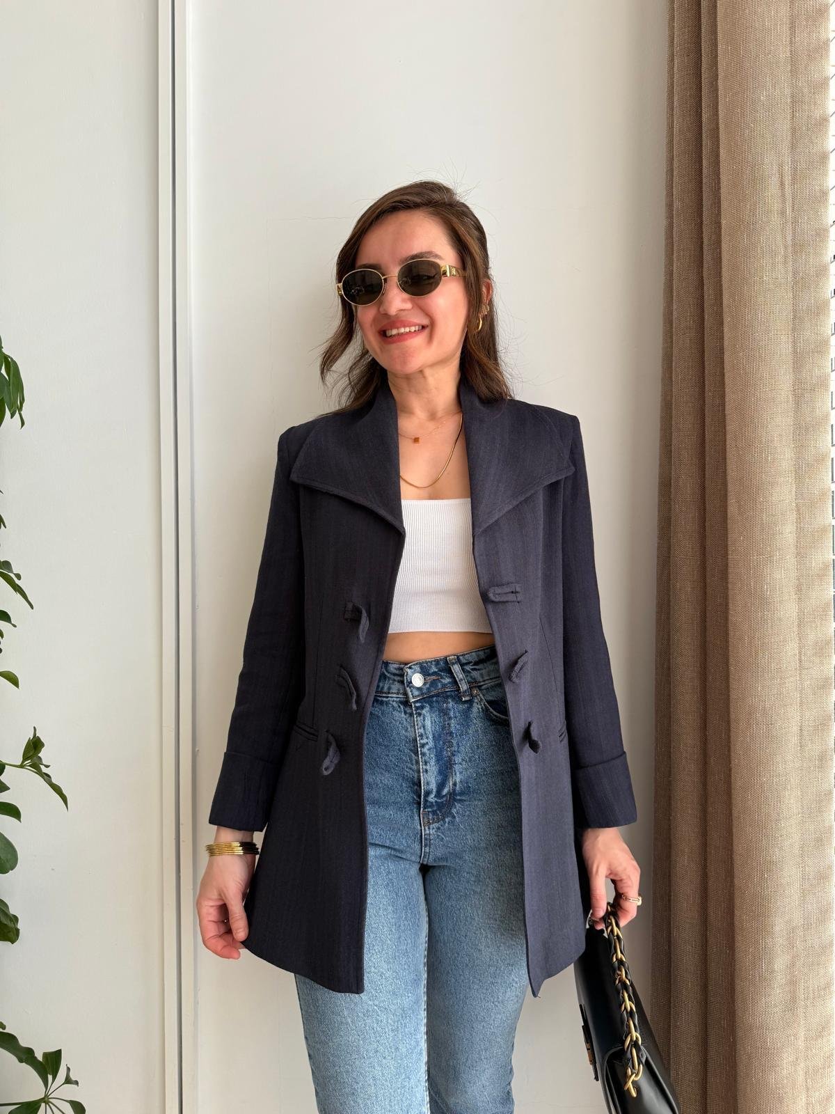 Lacivert Mendil Yaka Biyeli Blazer Ceket 7517