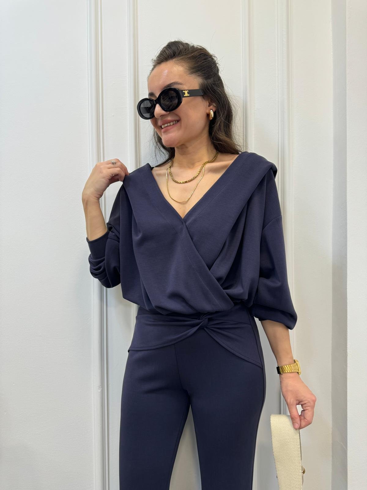 Lacivert Modal Dökümlü Kruvaze Yaka Sweatshırt 3148
