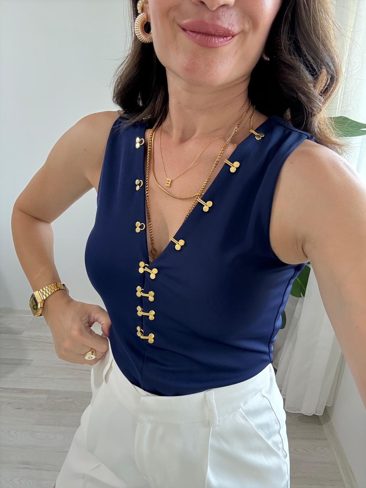 Lacivert Modal Kumaş Agraf Detaylı Bluz 7366