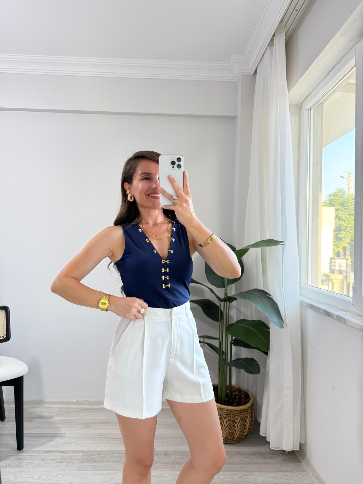 Lacivert Modal Kumaş Agraf Detaylı Bluz 7366