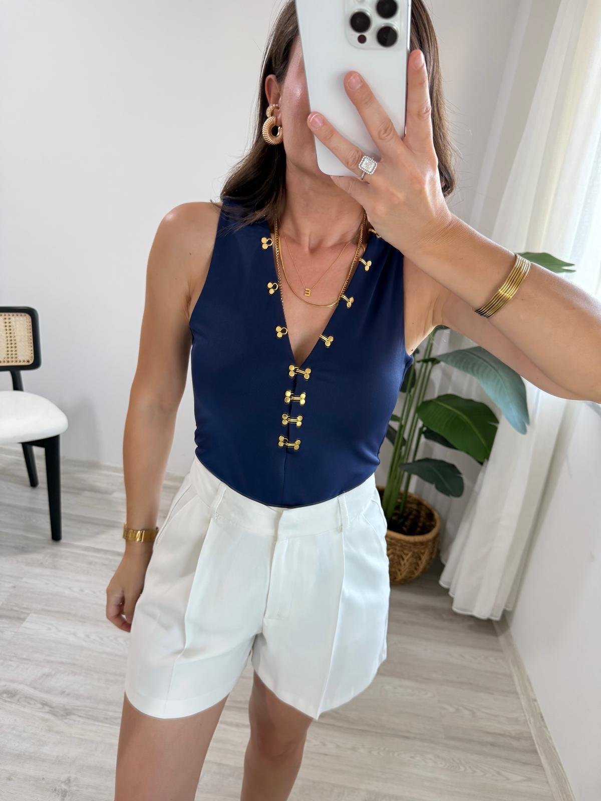 Lacivert Modal Kumaş Agraf Detaylı Bluz 7366