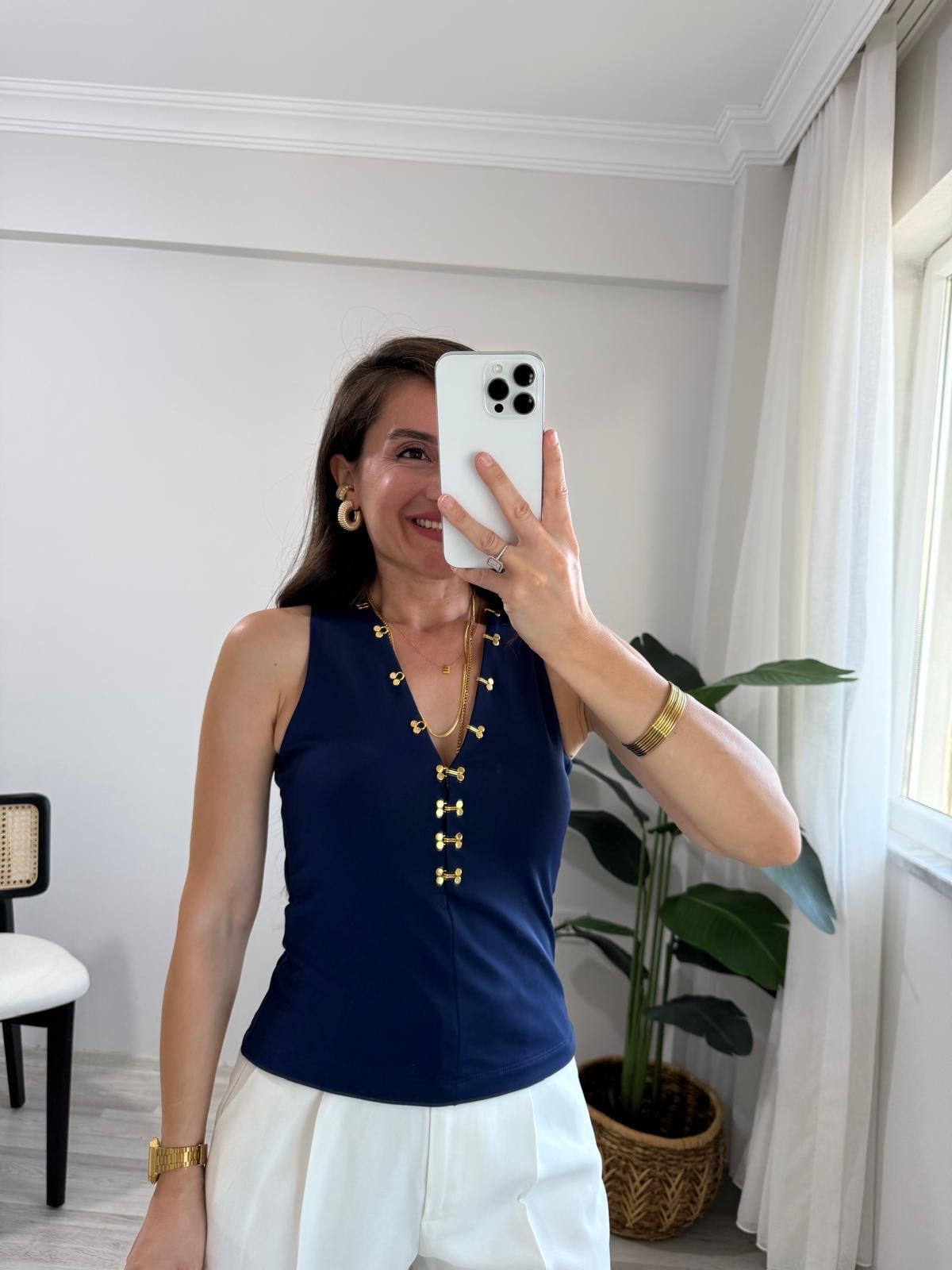 Lacivert Modal Kumaş Agraf Detaylı Bluz 7366