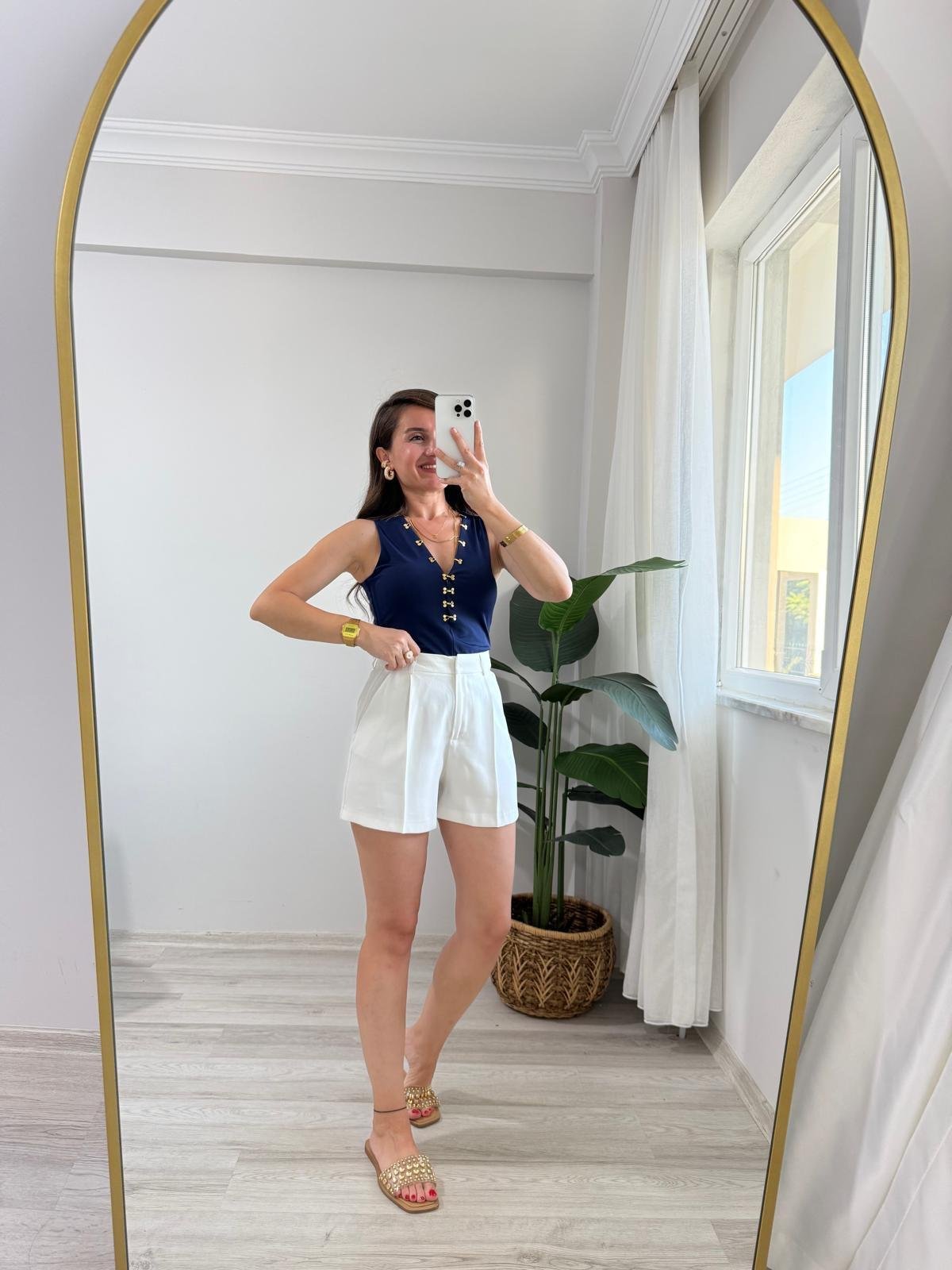 Lacivert Modal Kumaş Agraf Detaylı Bluz 7366