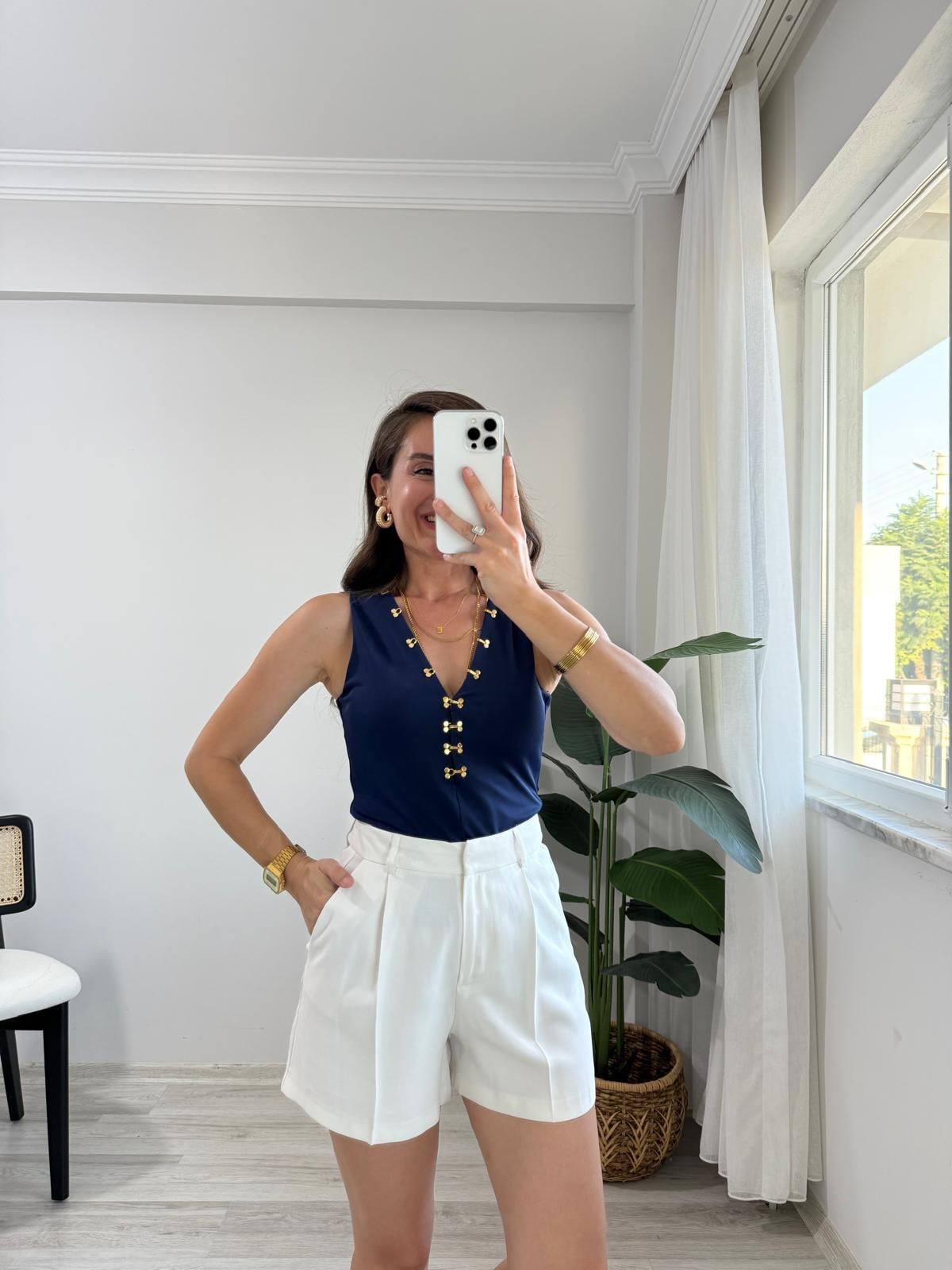 Lacivert Modal Kumaş Agraf Detaylı Bluz 7366