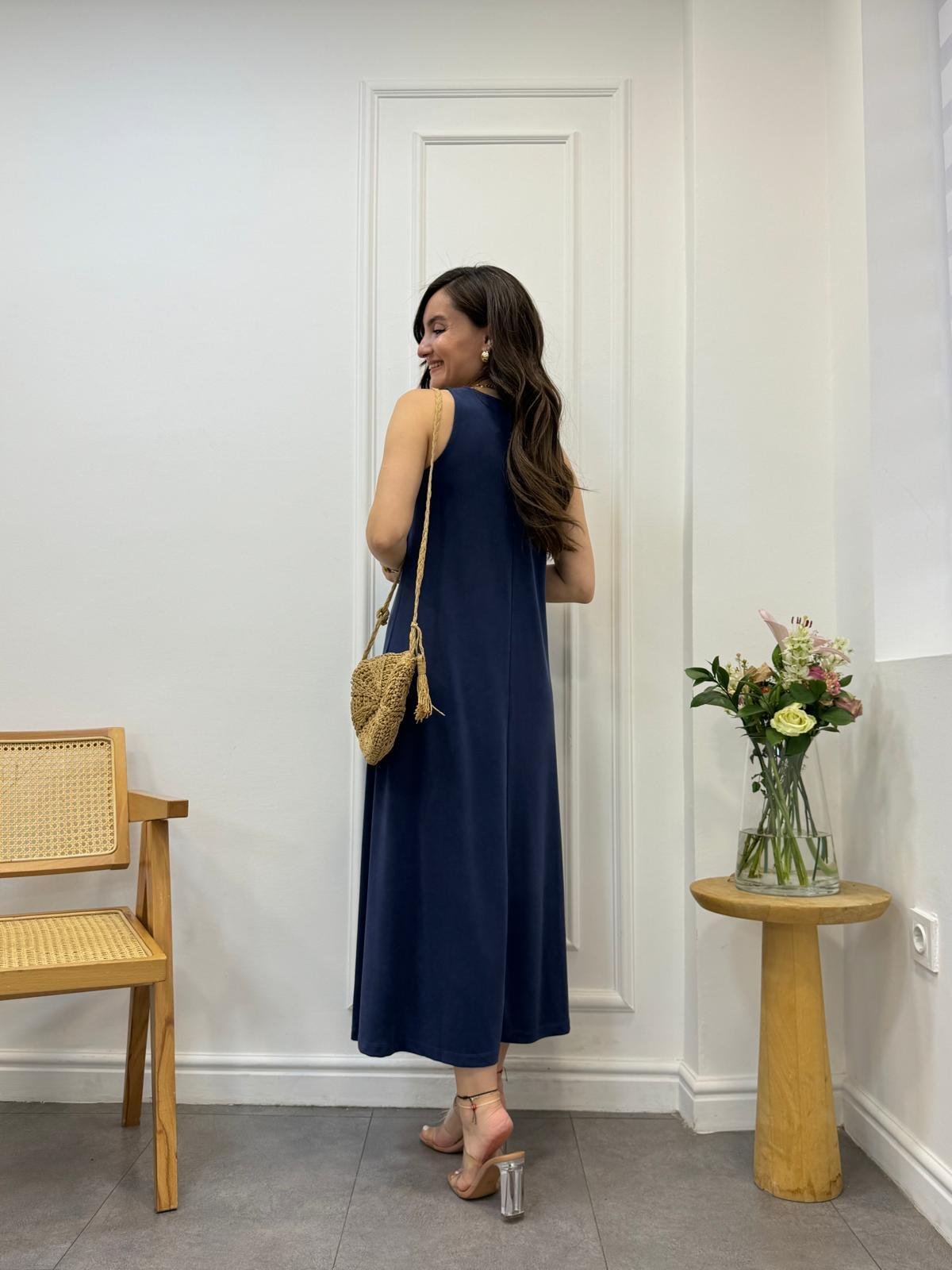 Lacivert Modal Kumaş Askılı Elbise 021