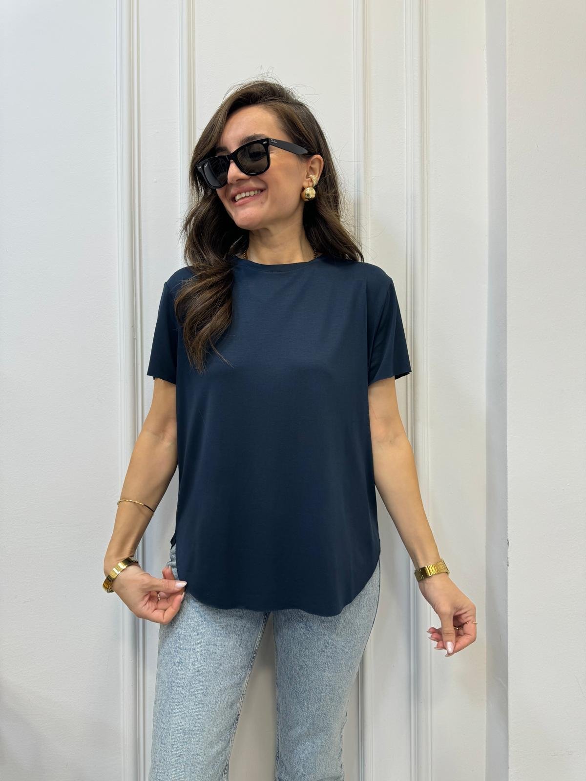 Lacivert Modal Kumaş Bisiklet Yaka Tshirt 4751