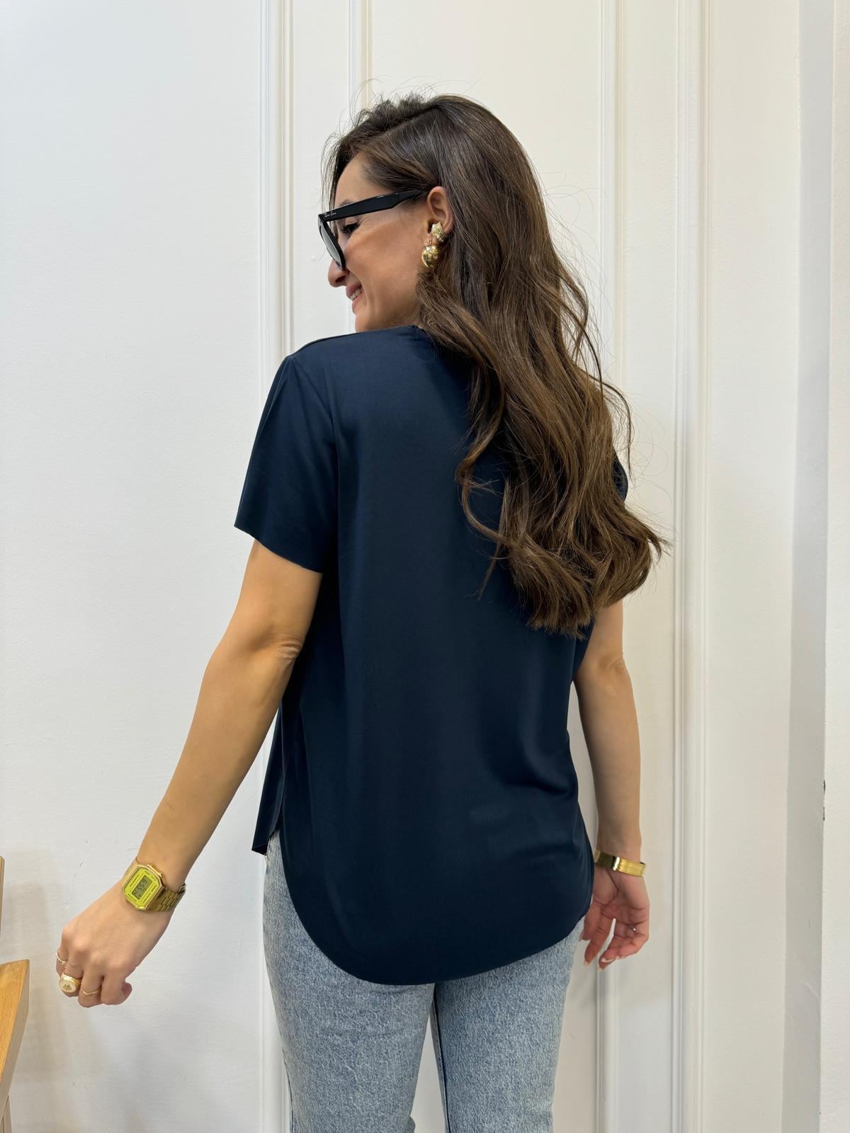 Lacivert Modal Kumaş Bisiklet Yaka Tshirt 4751