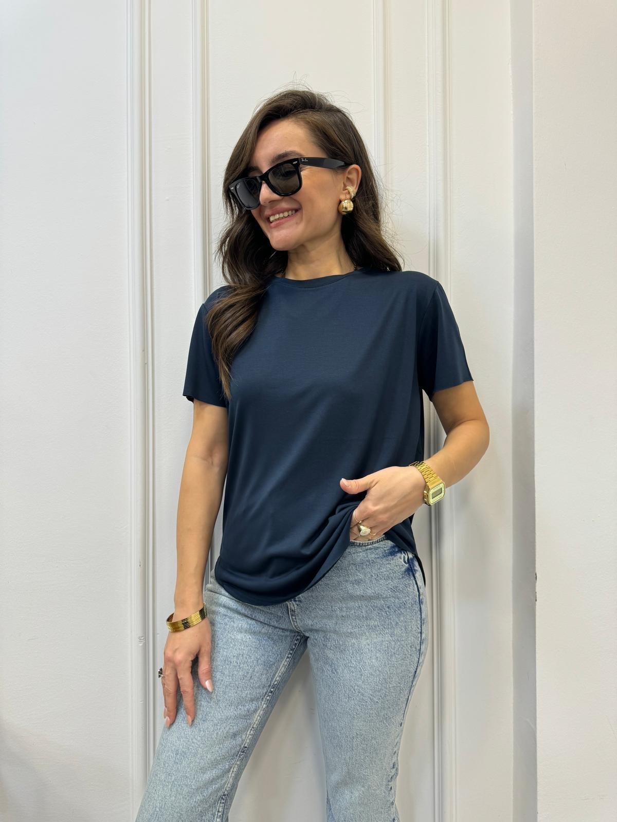 Lacivert Modal Kumaş Bisiklet Yaka Tshirt 4751
