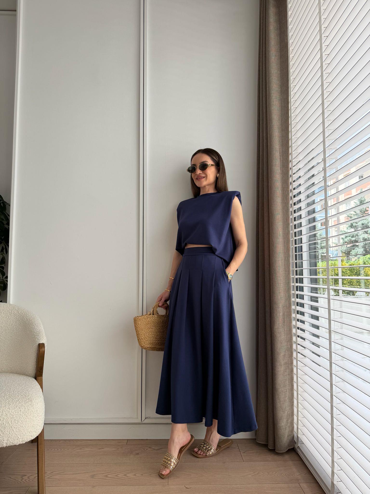 Lacivert Modal Kumaş Etekli Bluz Takım 4125