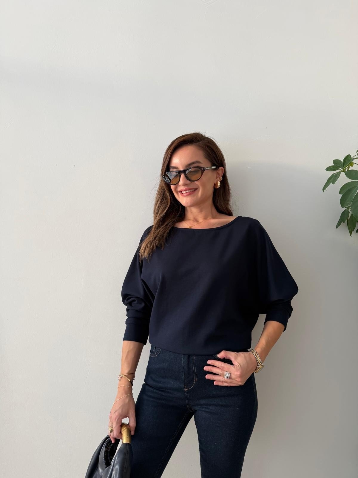 Lacivert Modal Kumaş Kayık Yaka Sweatshirt K142