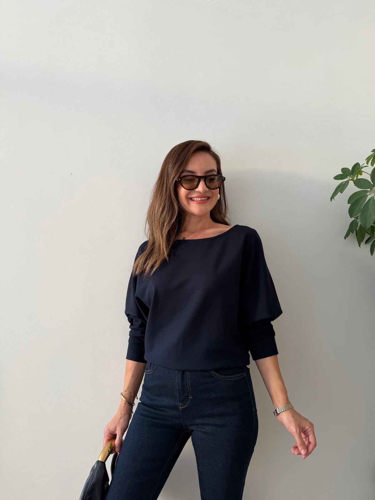 Lacivert Modal Kumaş Kayık Yaka Sweatshirt K142