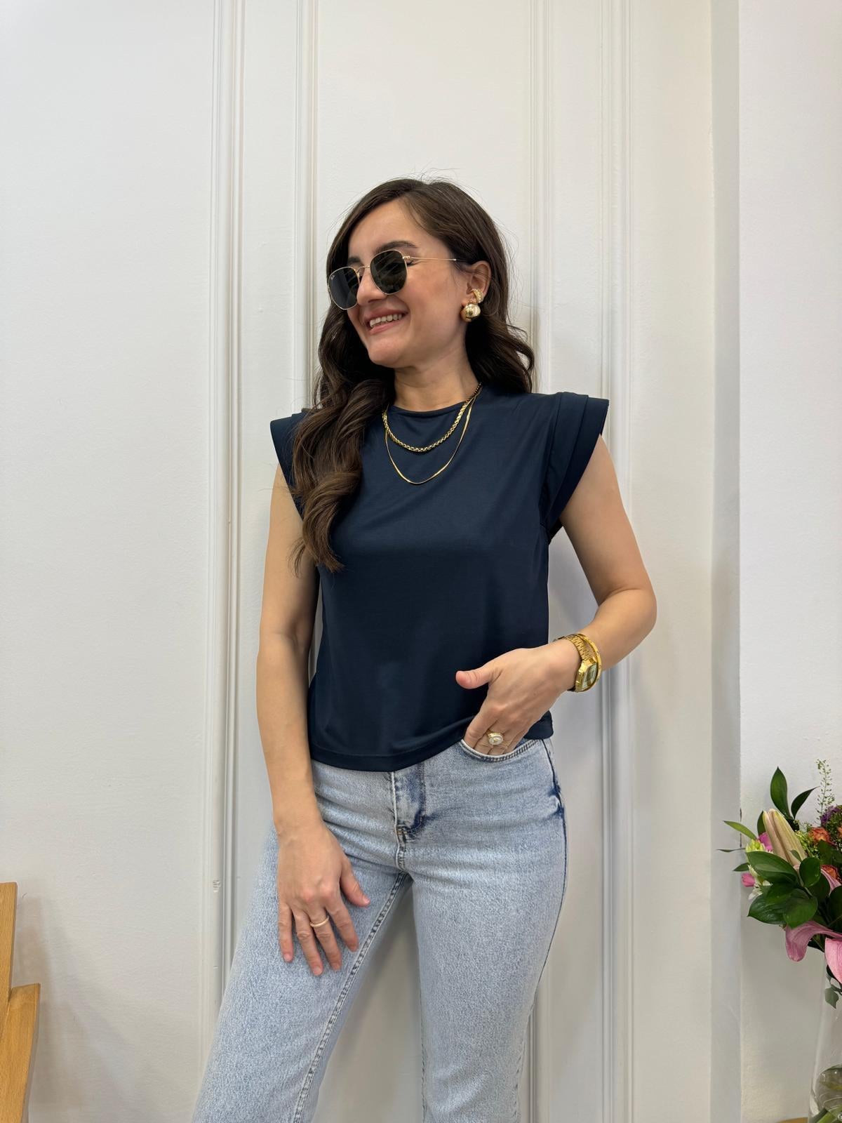 Lacivert Modal Kumaş Omuz Detaylı Tişört 71261