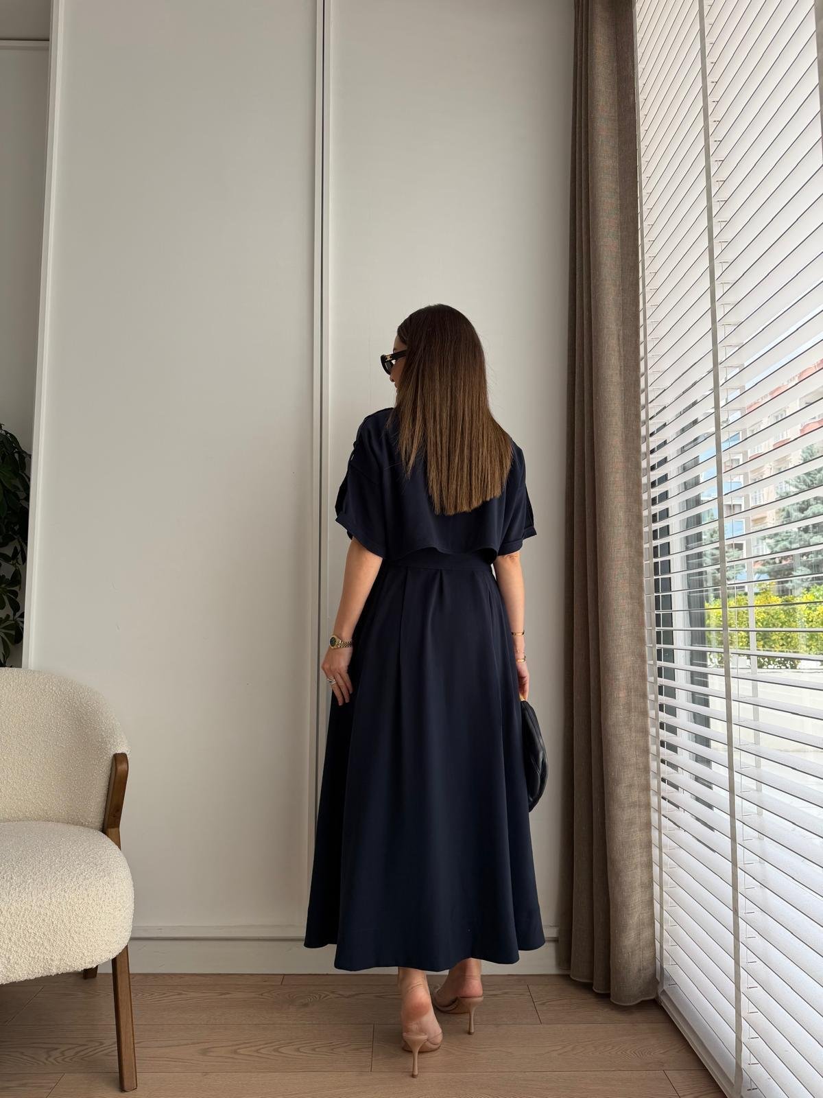 Lacivert Omzu Pelerin Detaylı Tensel Elbise 580903