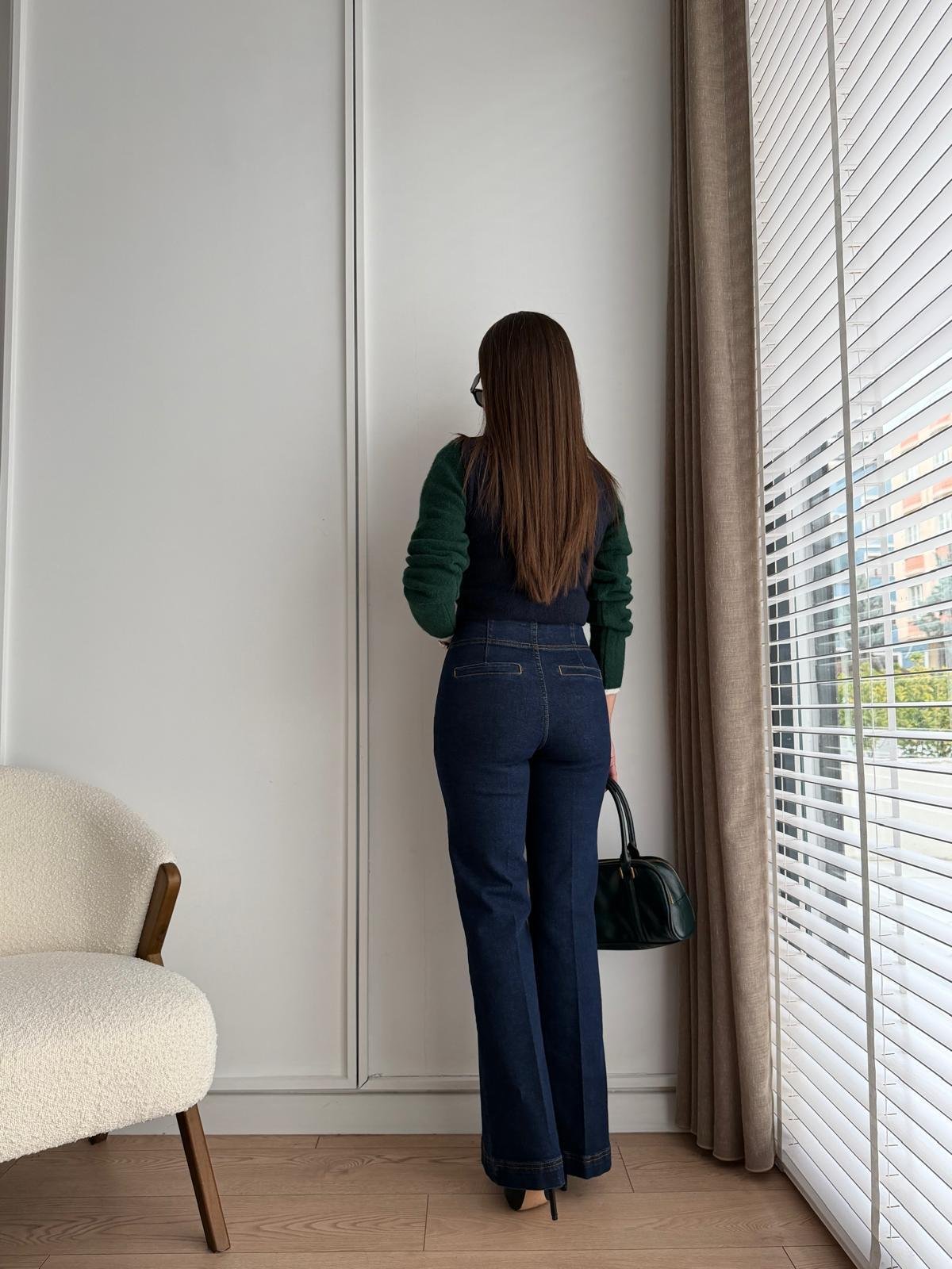 Lacivert Ön Cepli Fermuarlı İspanyol Paça Jean 25454