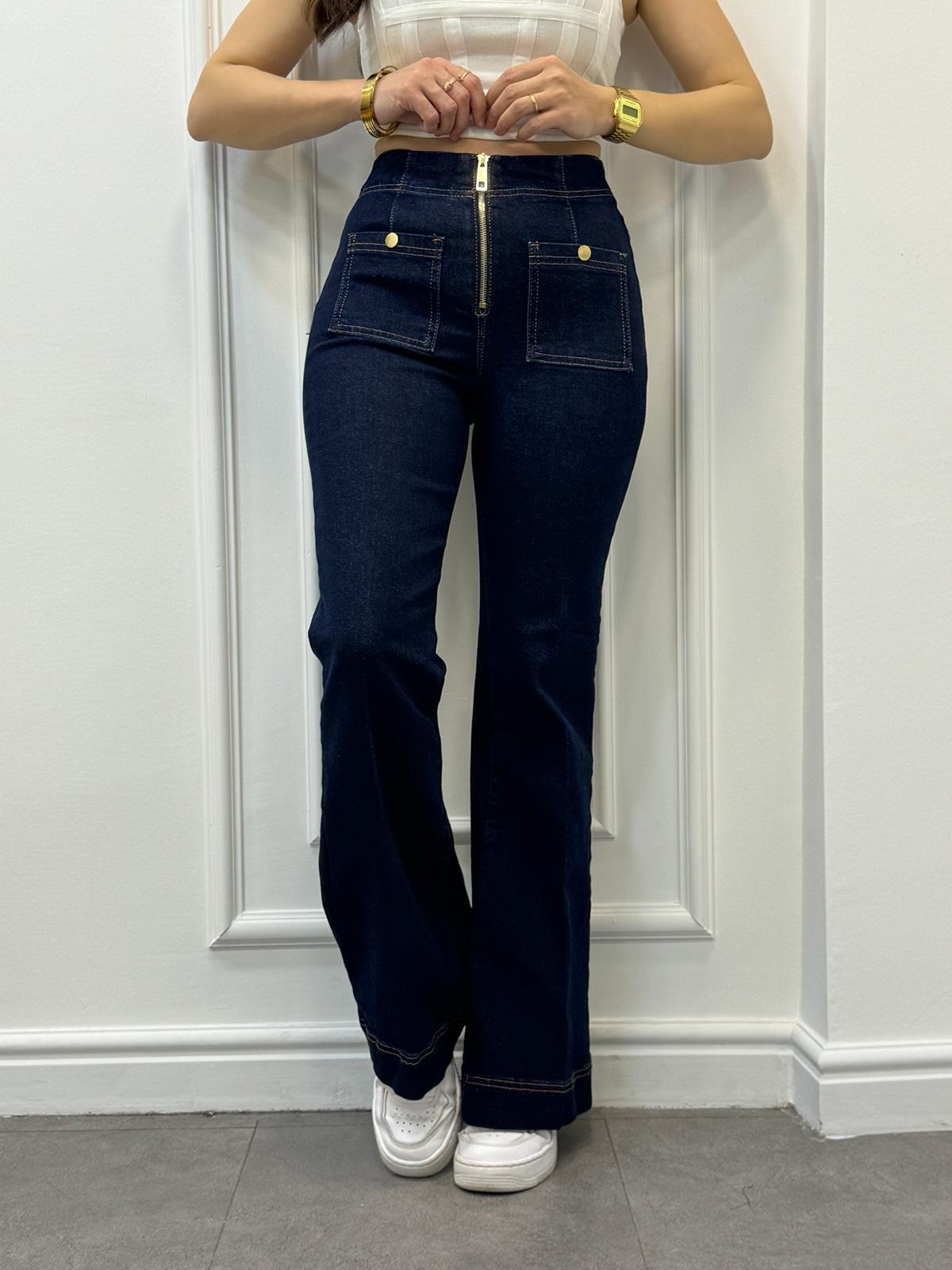 Lacivert Ön Cepli Yüksek Bel Esnek Flare Jeans 24454