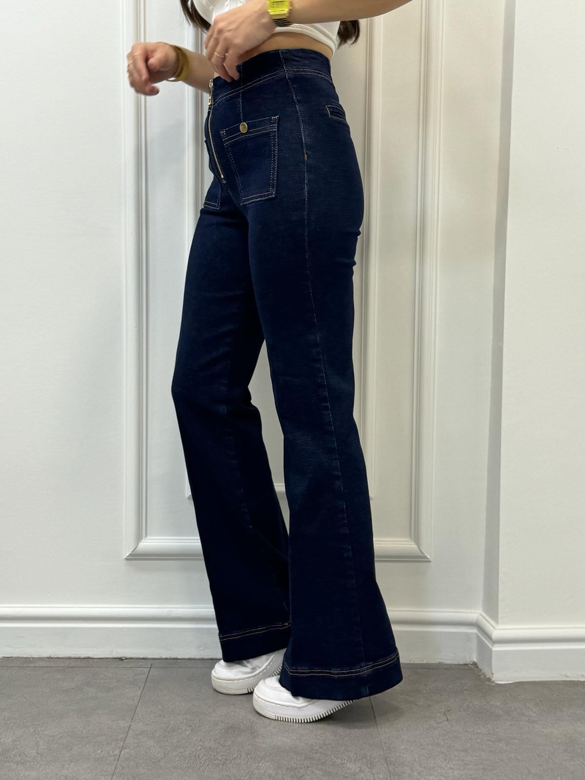 Lacivert Ön Cepli Yüksek Bel Esnek Flare Jeans 24454