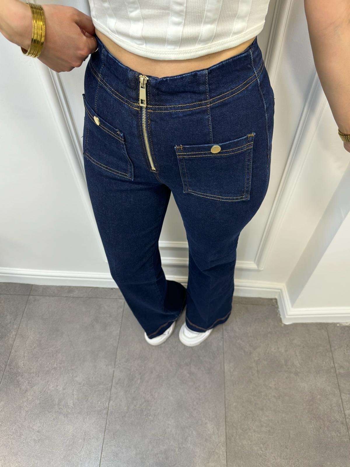 Lacivert Ön Cepli Yüksek Bel Esnek Flare Jeans 24454