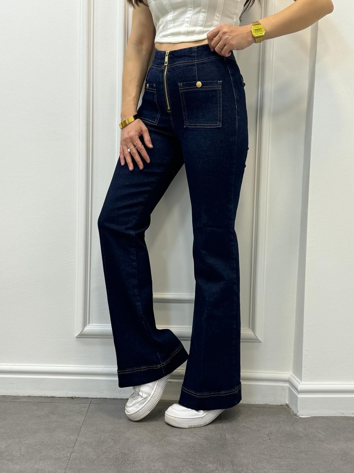 Lacivert Ön Cepli Yüksek Bel Esnek Flare Jeans 24454