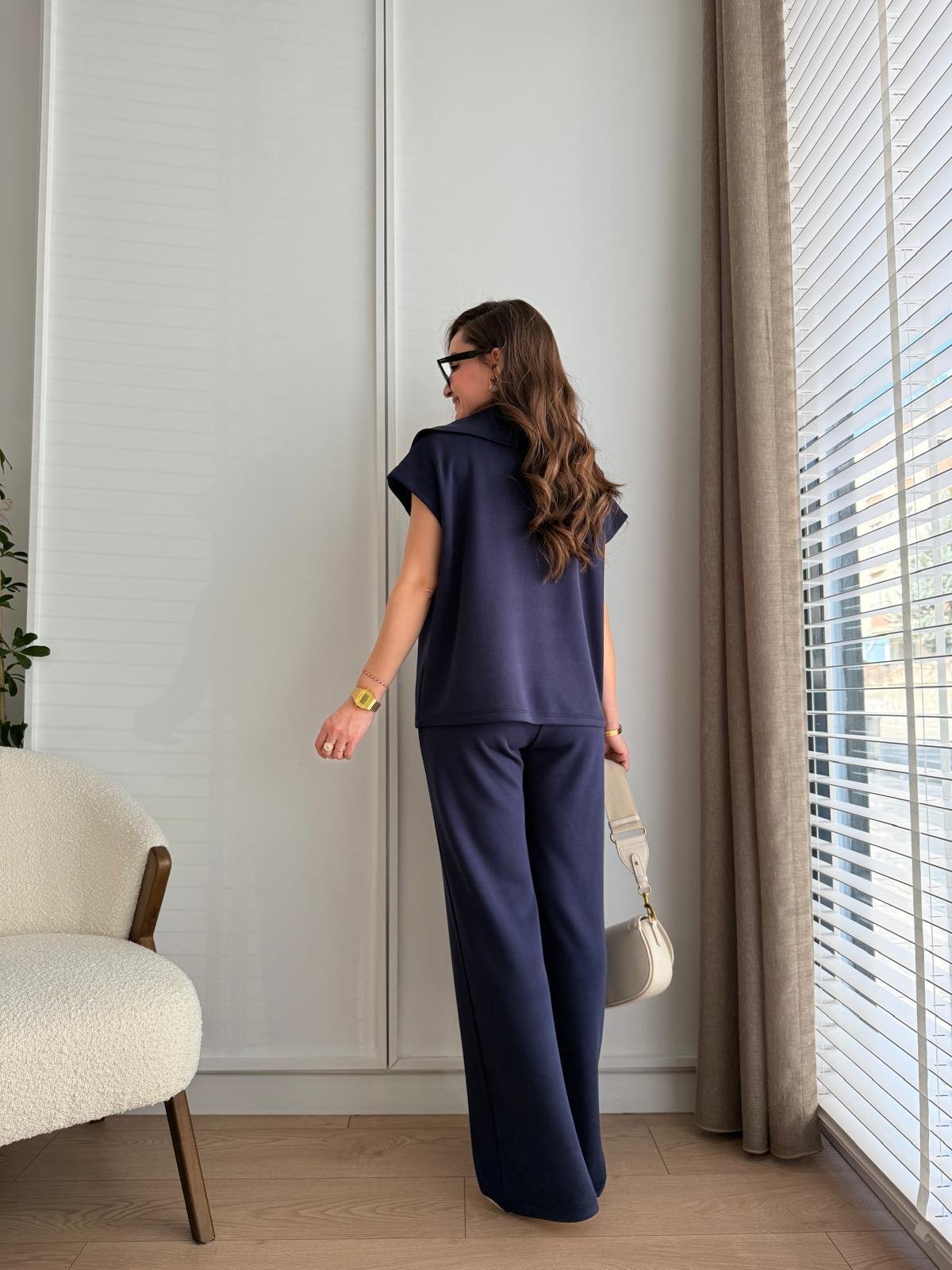 Lacivert Ön Fermuarlı Modal Kumaş Yelek Pantolon Takım 36188