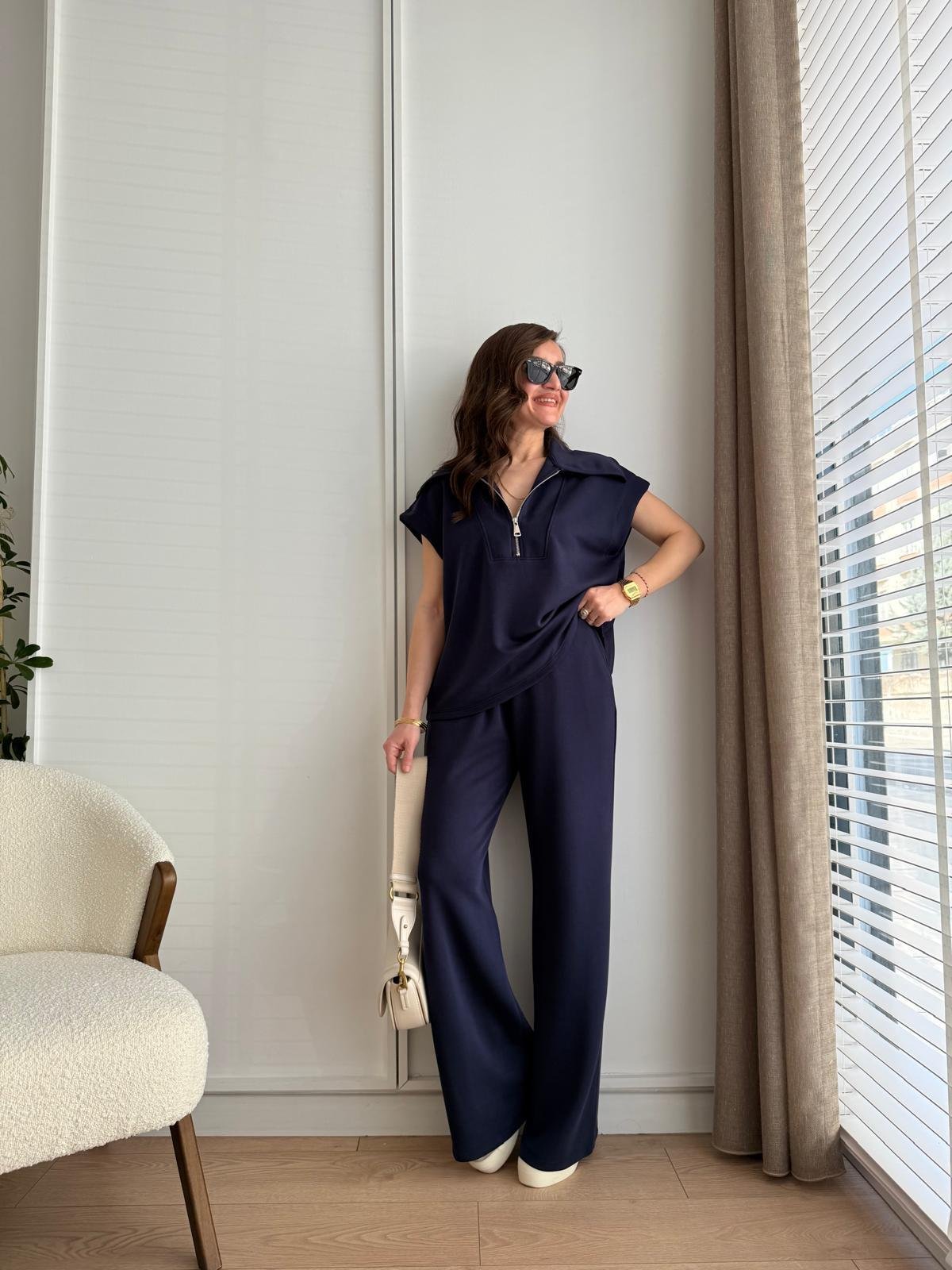 Lacivert Ön Fermuarlı Modal Kumaş Yelek Pantolon Takım 36188