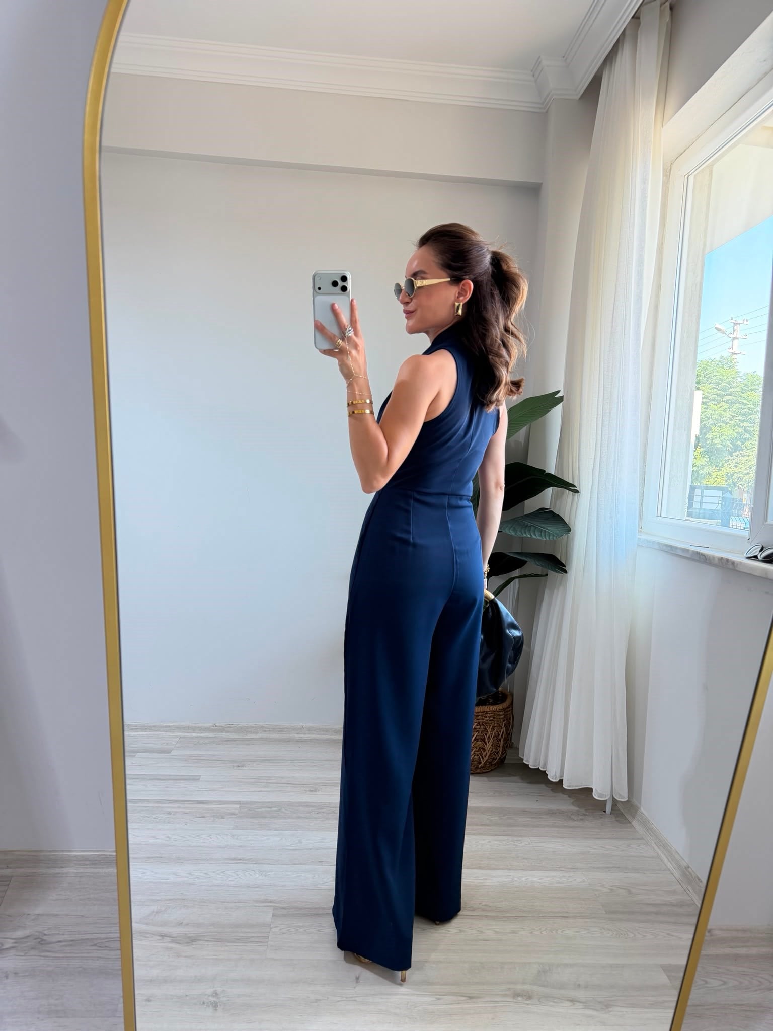 Lacivert Önden Bağlamalı Bol Paça Tulum 3551