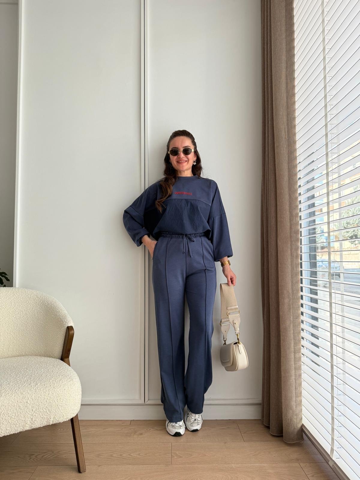 Lacivert Önü Paraşüt Detay Büzgülü Modal Kumaş Takım 00530
