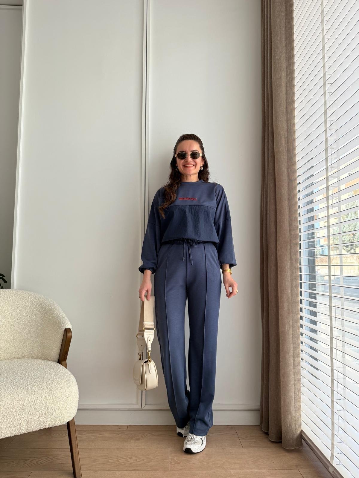 Lacivert Önü Paraşüt Detay Büzgülü Modal Kumaş Takım 00530