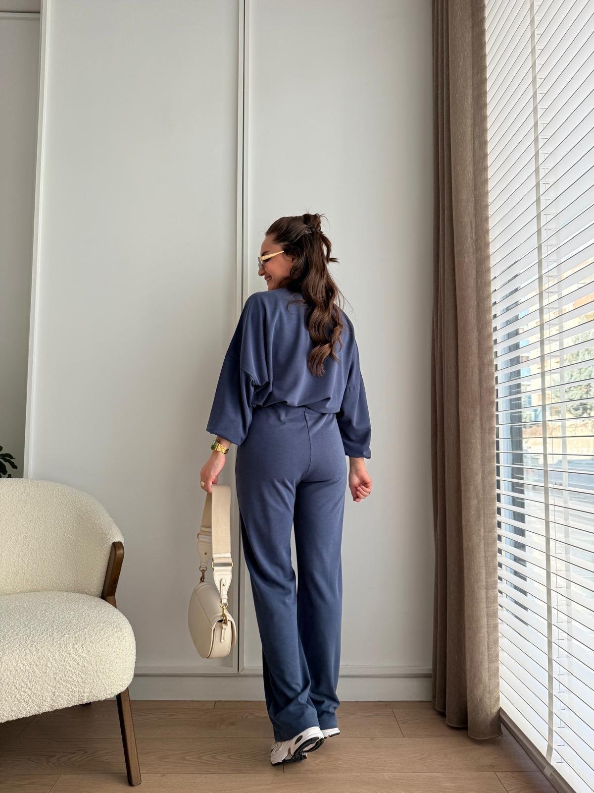 Lacivert Önü Paraşüt Detay Büzgülü Modal Kumaş Takım 00530