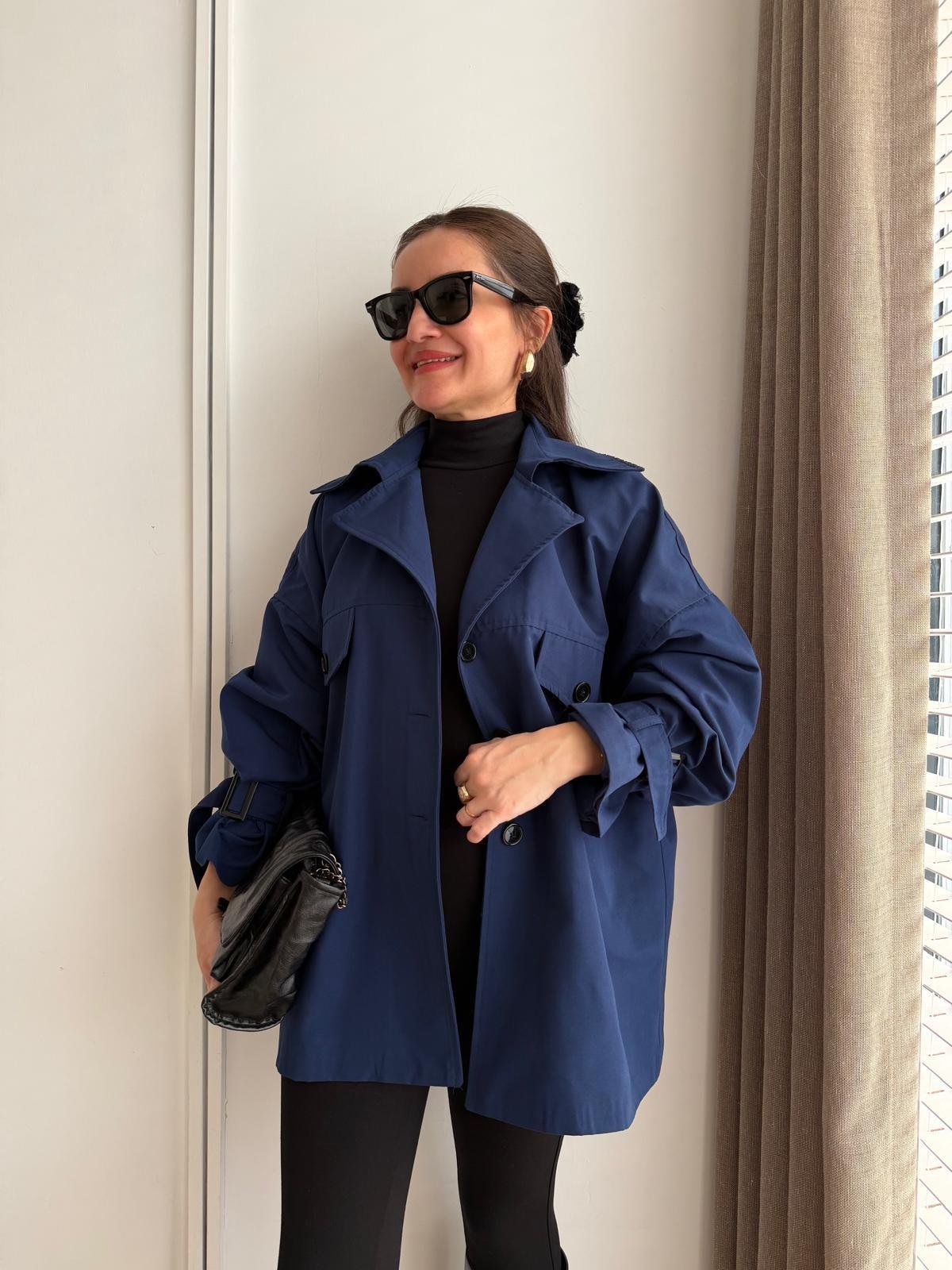 Lacivert Oversize Kol Kemerli Trençkot T01