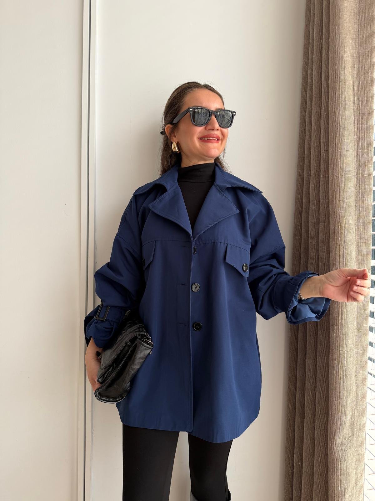 Lacivert Oversize Kol Kemerli Trençkot T01