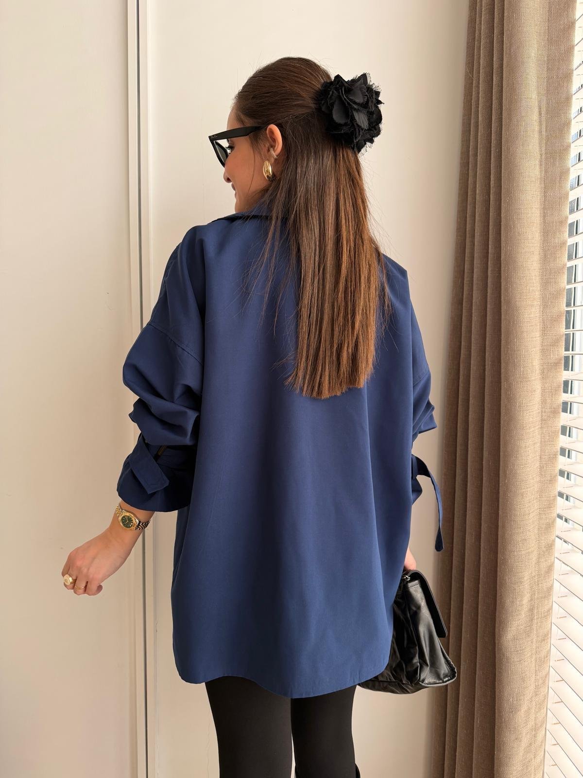Lacivert Oversize Kol Kemerli Trençkot T01