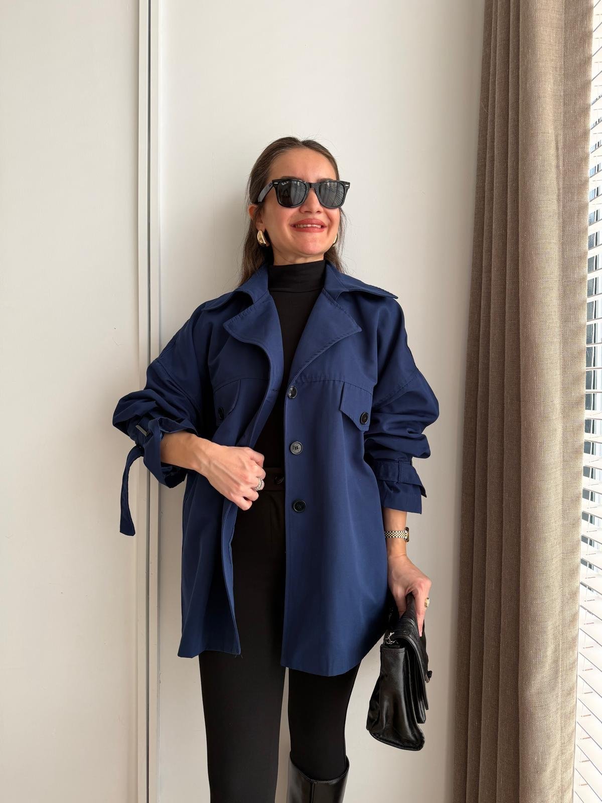 Lacivert Oversize Kol Kemerli Trençkot T01