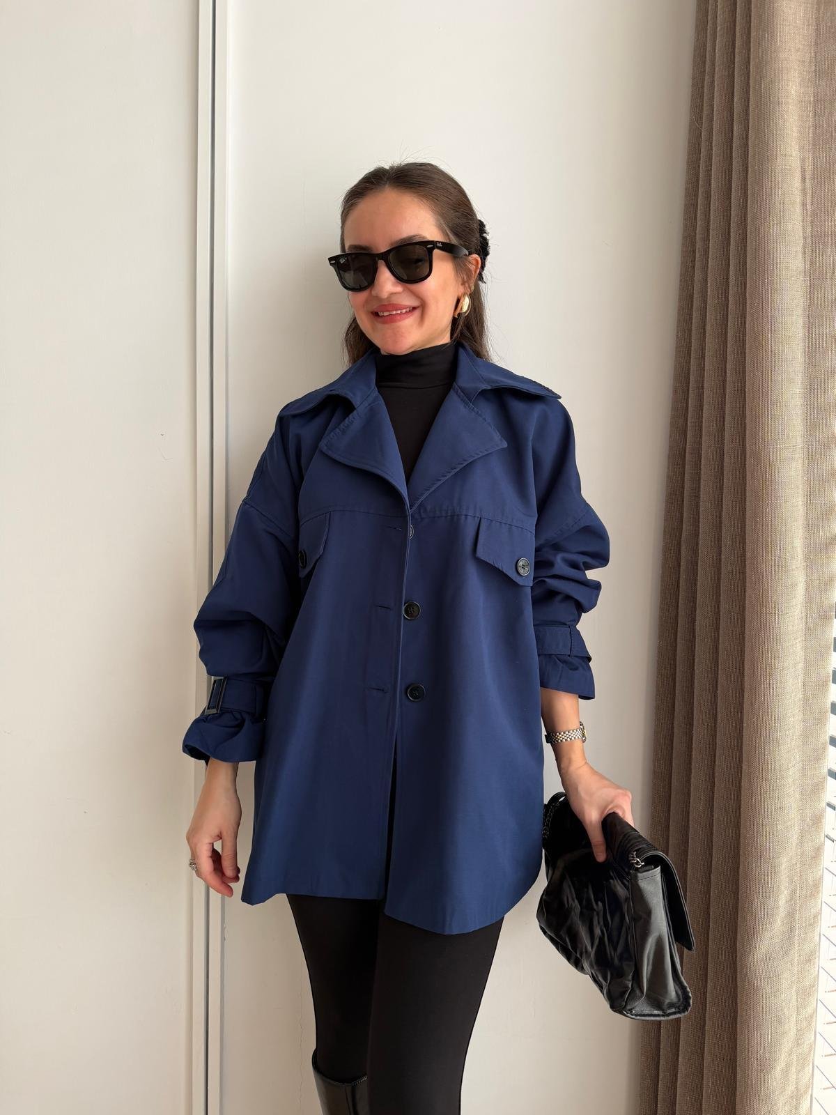 Lacivert Oversize Kol Kemerli Trençkot T01