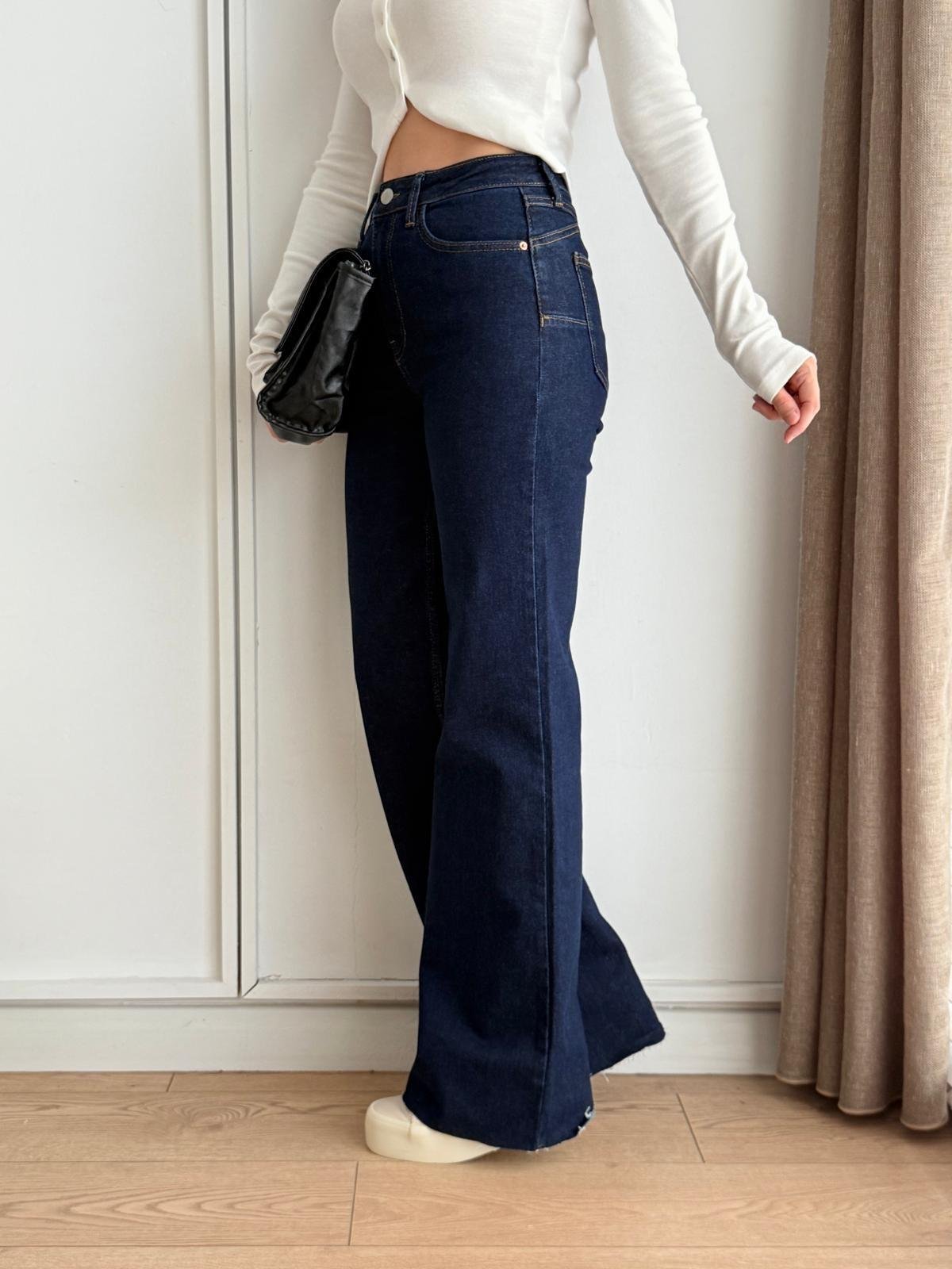 Lacivert Paça Kesik İspanyol Paça Jean 25695