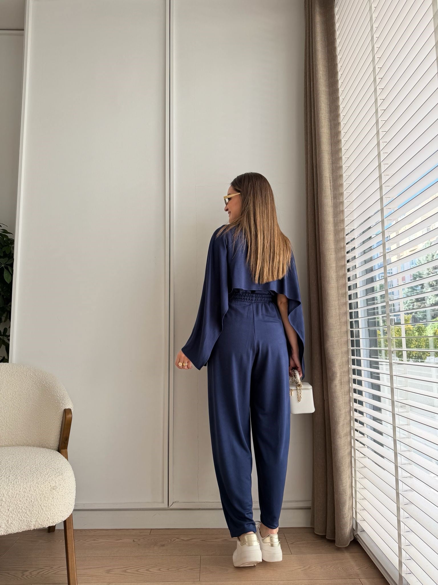 Lacivert Pelerin Detaylı Bluz Pantolon Takım 4143
