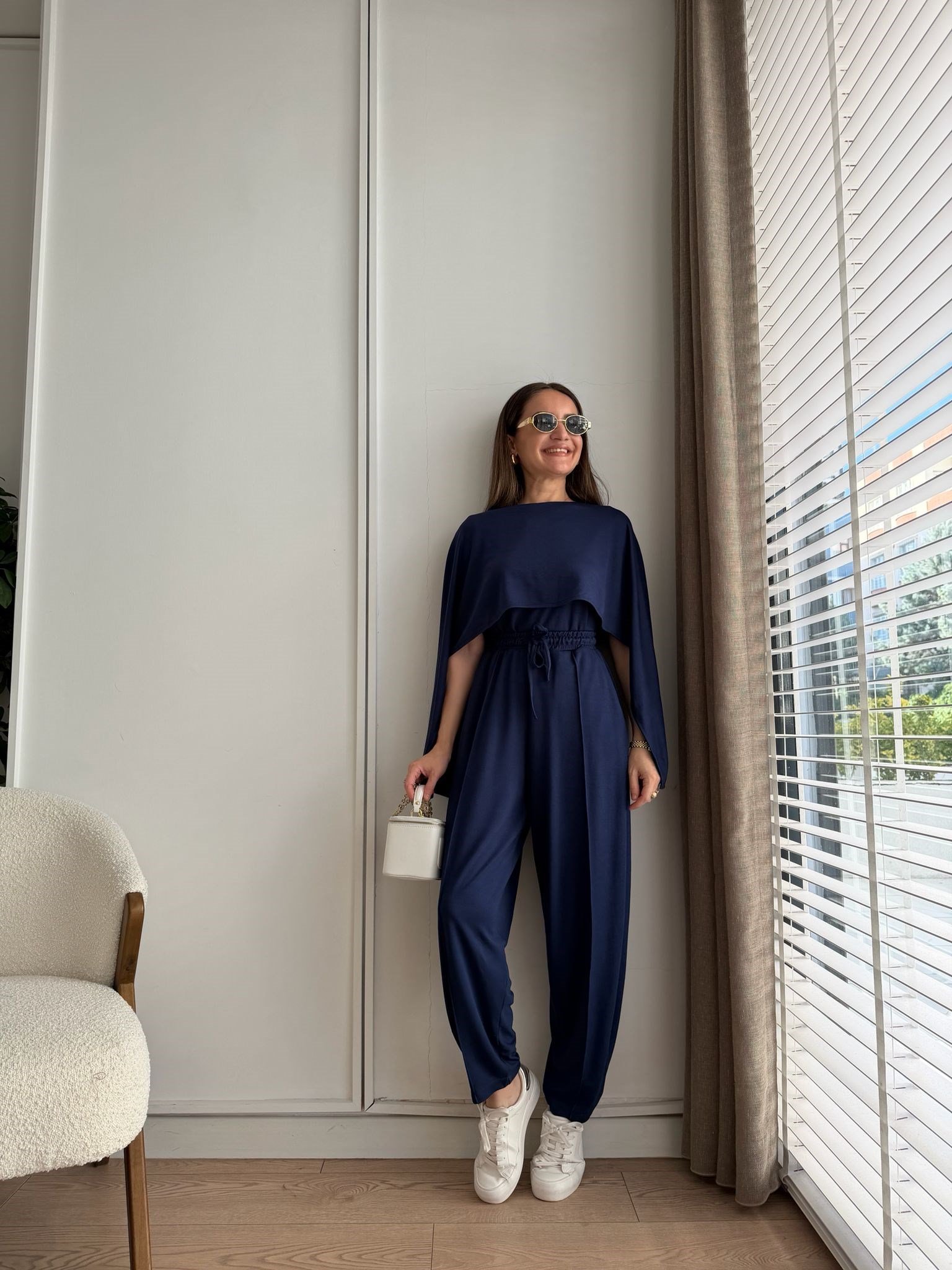 Lacivert Pelerin Detaylı Bluz Pantolon Takım 4143