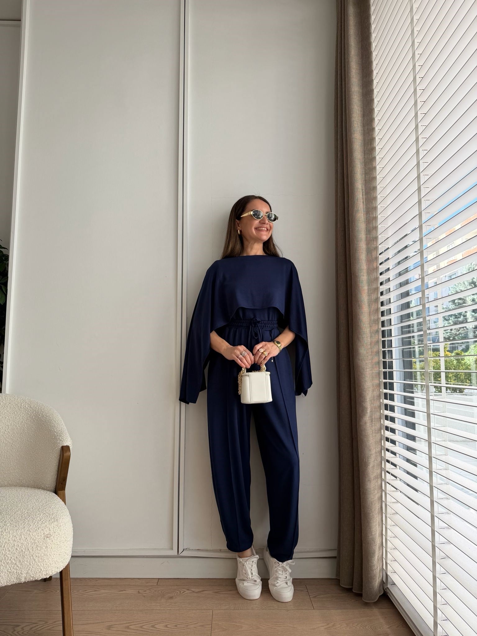 Lacivert Pelerin Detaylı Bluz Pantolon Takım 4143