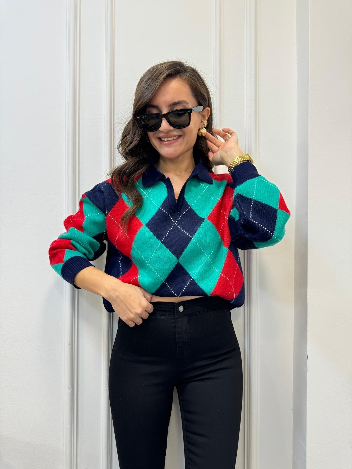 Lacivert Polo Yaka Baklava Desen Triko Bluz 4255