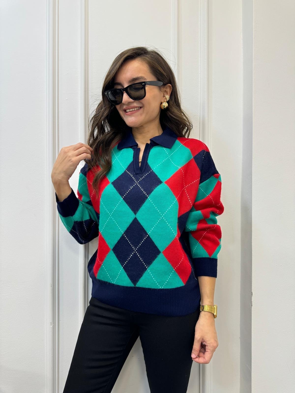 Lacivert Polo Yaka Baklava Desen Triko Bluz 4255