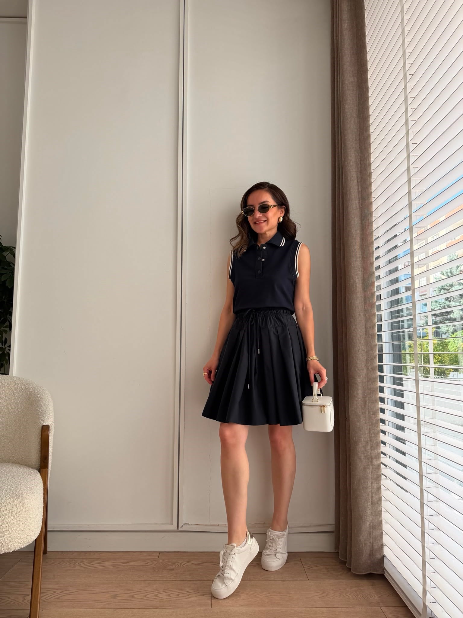 Lacivert Polo Yaka Bel Büzgülü Kısa Elbise 37512