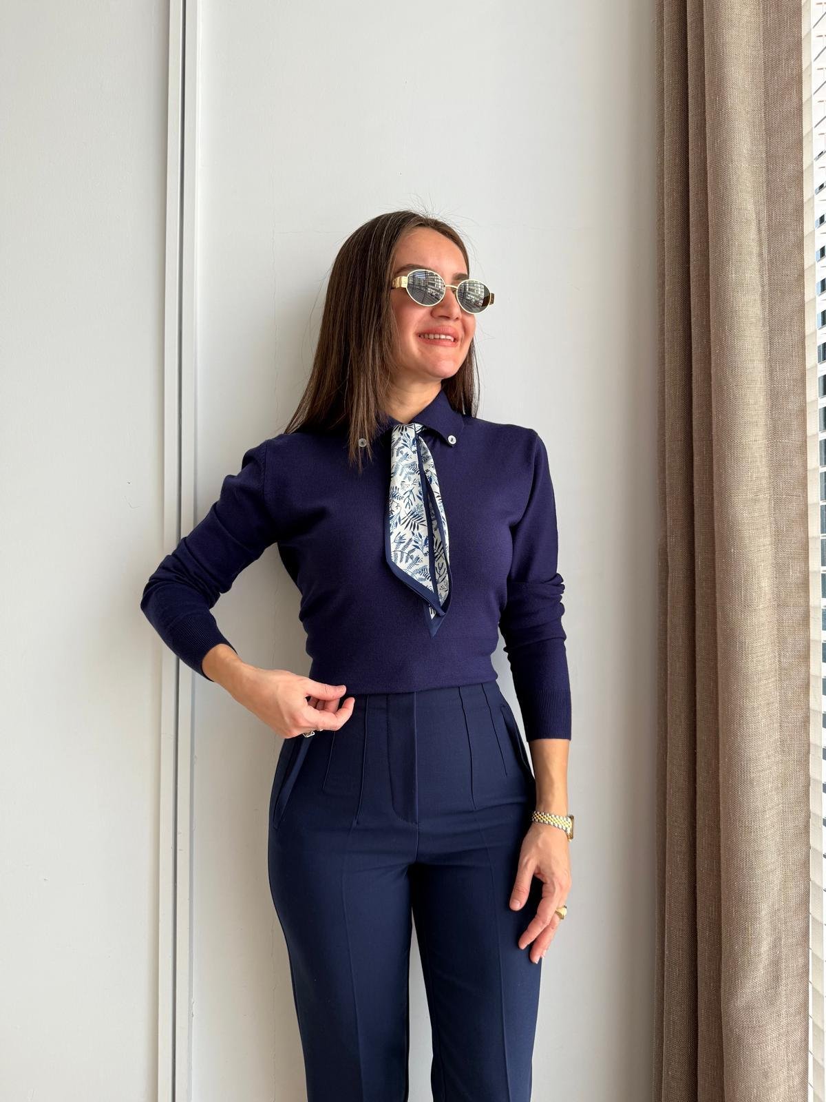Lacivert Polo Yaka Fular Detaylı Triko Kazak 140518