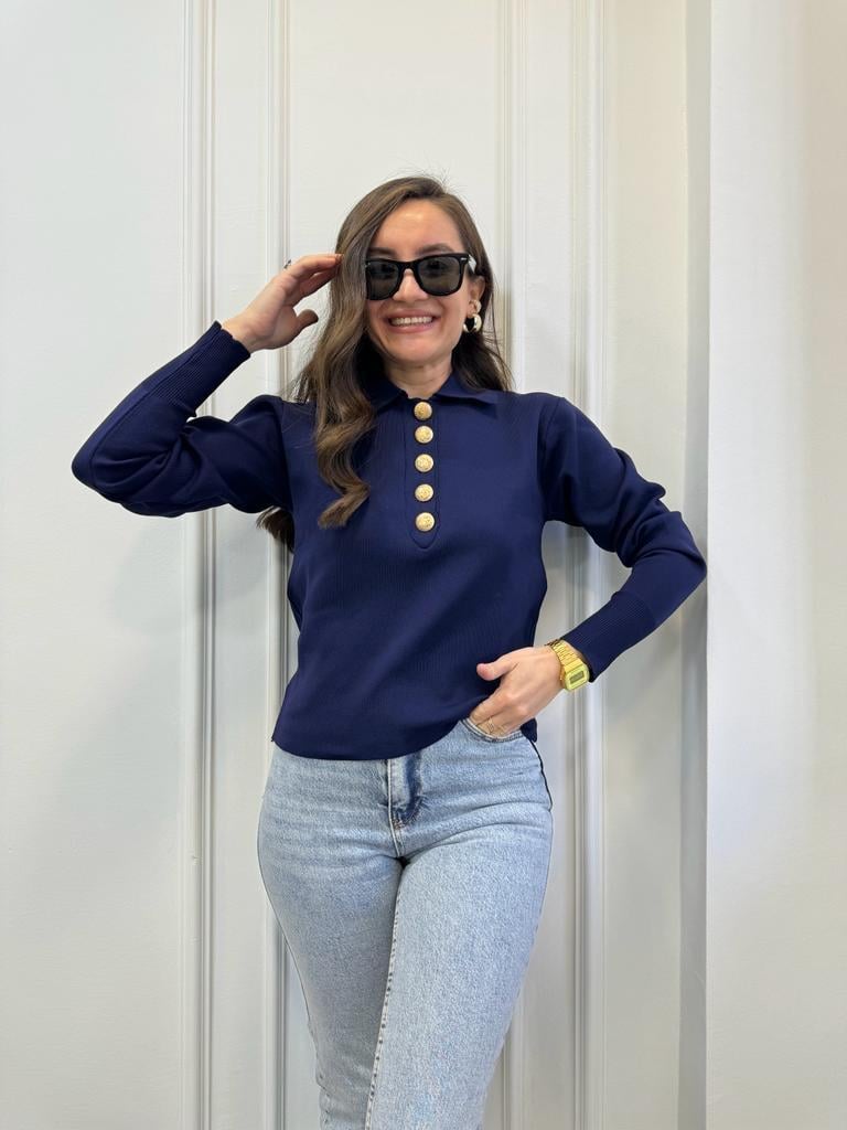 Lacivert Polo Yaka Gold Düğmeli Triko Kazak 3885