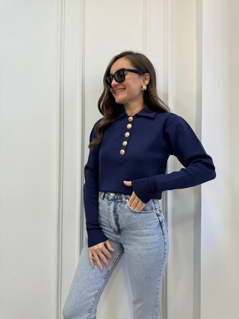 Lacivert Polo Yaka Gold Düğmeli Triko Kazak 3885