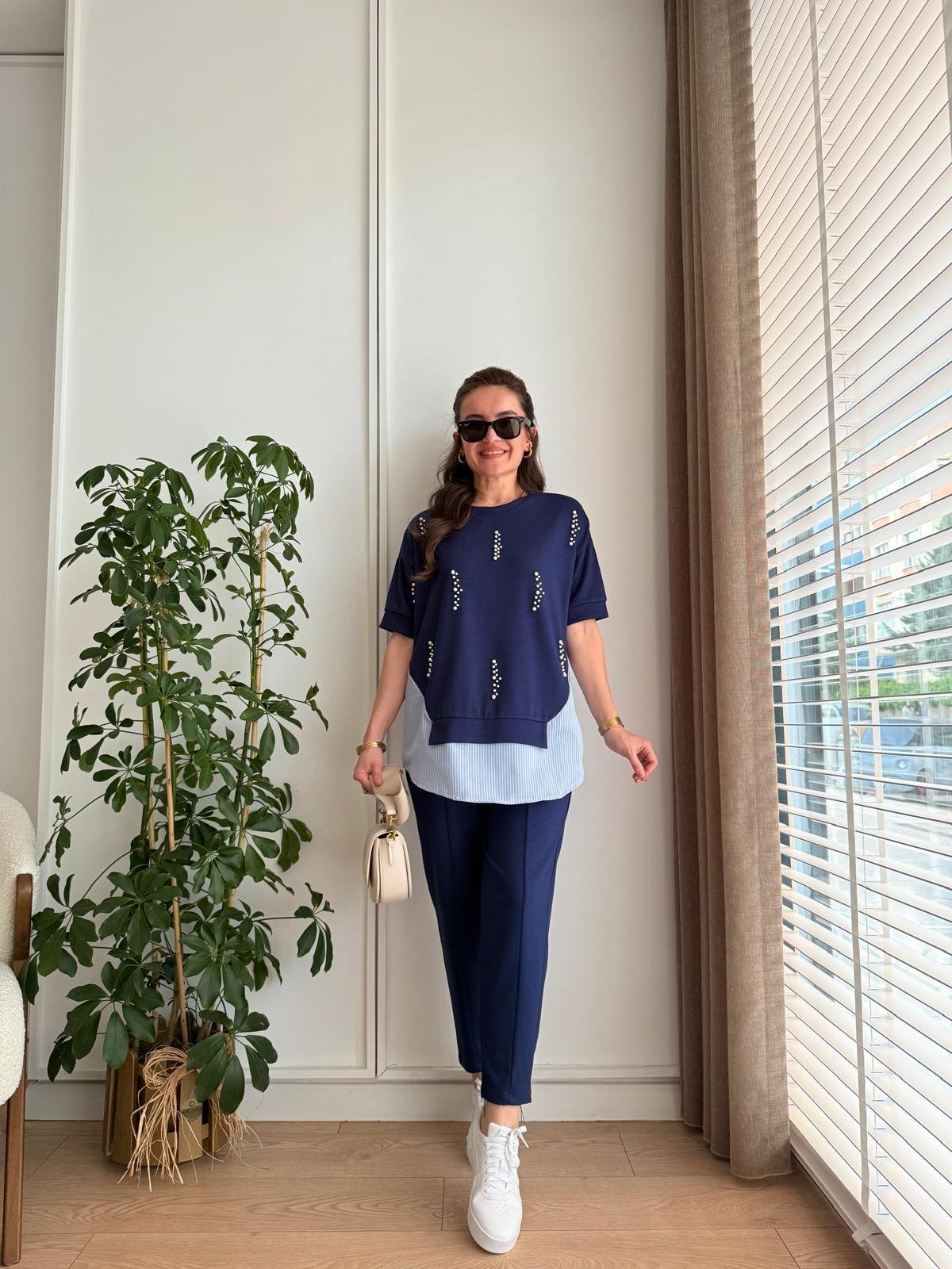 Lacivert Poplin Detaylı İncili Takım 2235