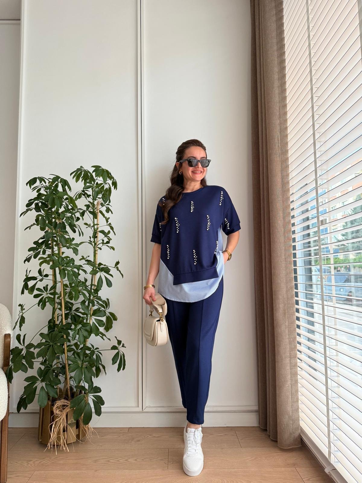 Lacivert Poplin Detaylı İncili Takım 2235