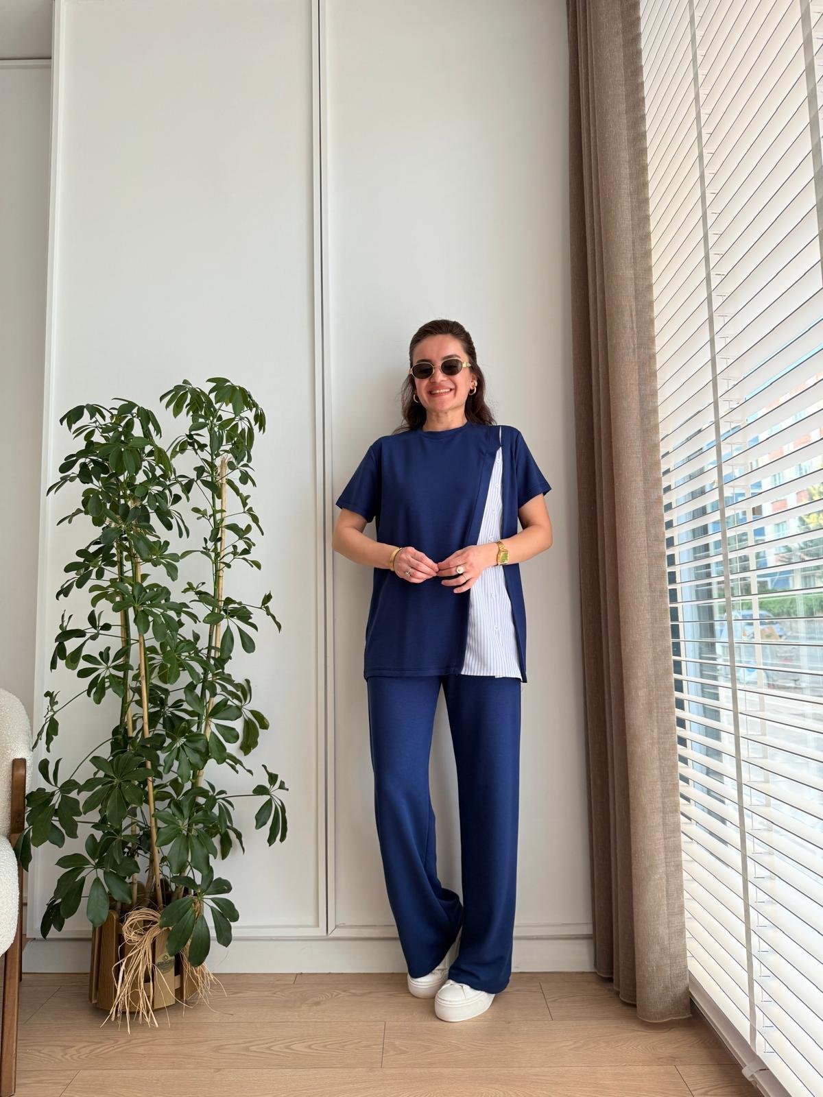 Lacivert Poplin Düğme Detaylı Takım 2222