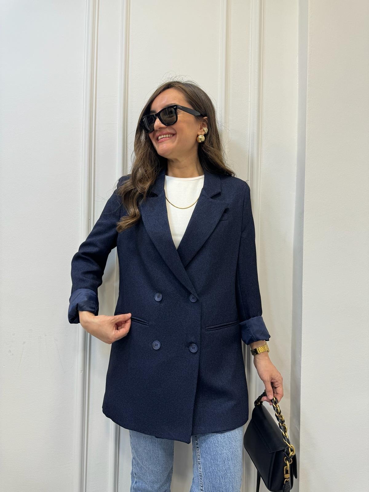 Lacivert Premium Yün Efekt Astarlı Blazer Ceket 7066